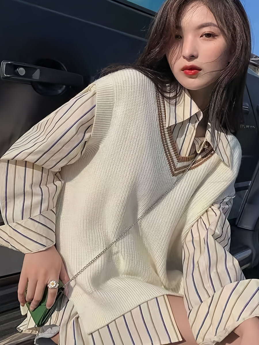 2025 Spring/Autumn College Style V-Neck Sweater Vest Top Chic Little Dress Style Vest - Off-white