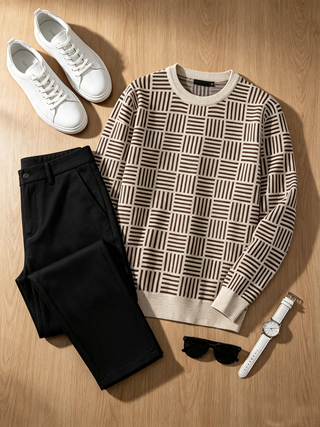 Men'S Fall Winter Crew Neck Geometric Checkerboard Knit Sweater, Apricot And Brown Color-Block Striped Pullover, Trendy Versatile Casual Top - Apricot