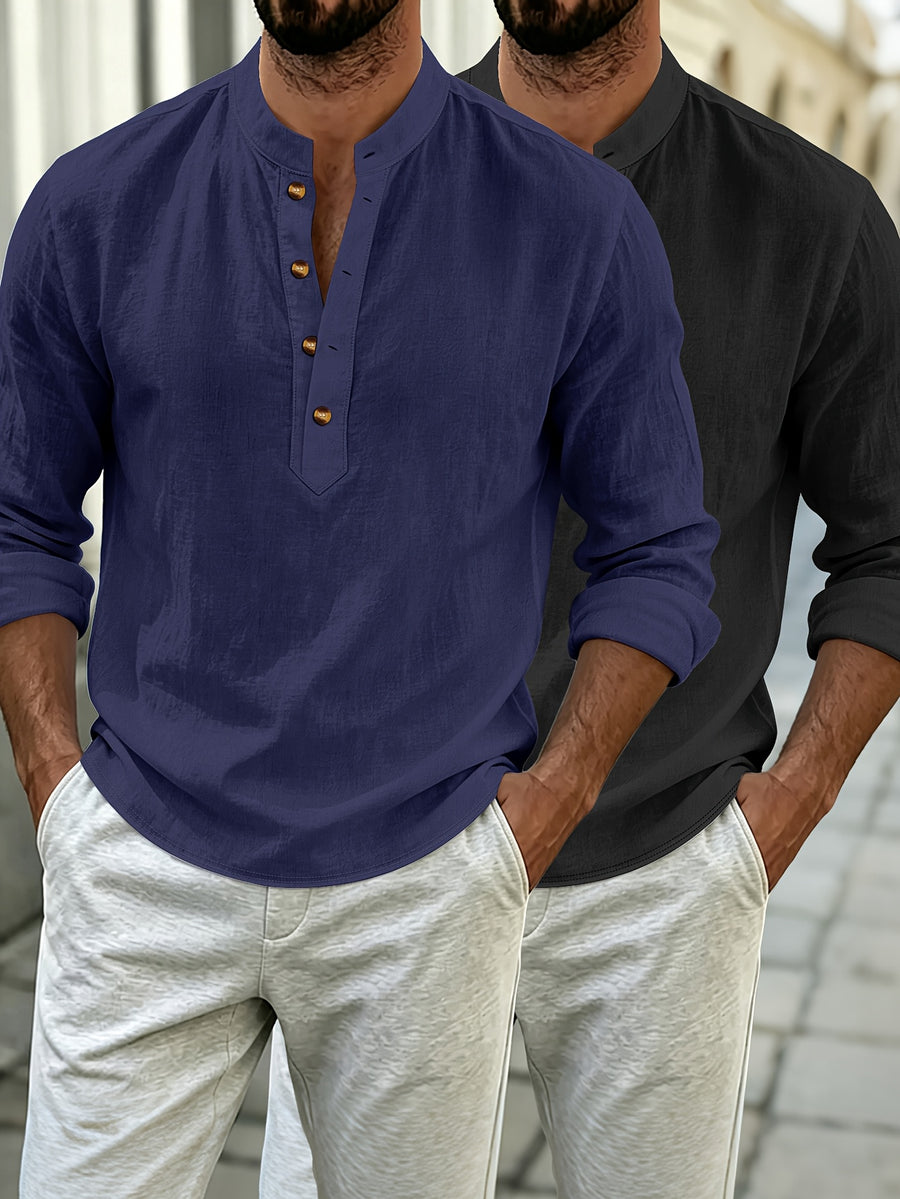 2pcs Men's Solid Color Pullover Henley Shirt, Long Sleeve, Regular Fit for Spring/Autumn, Casual Outings and Parties - Navy Blue + Black