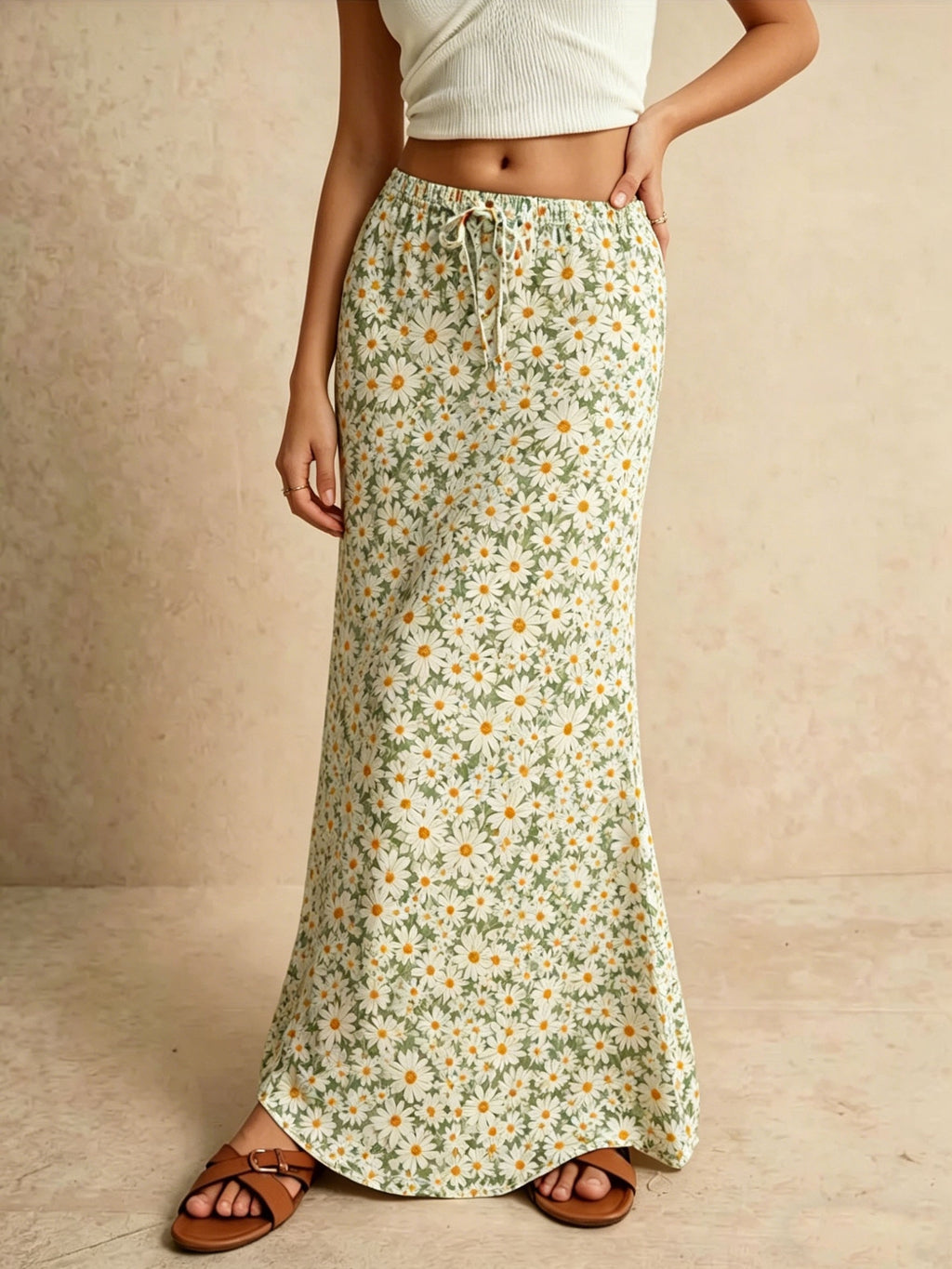 Women's Daisy Print High-Waisted Mermaid Skirt with Drawstring Elastic Waist, Draped and, Vacation Style Maxi Dress - Matcha Color