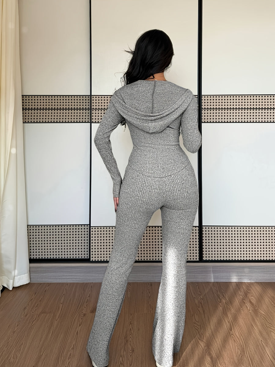 Women's Casual Two-Piece Set with Pockets Hooded Zip-Up Waist Jacket and Ribbed Flared Pants - Grey