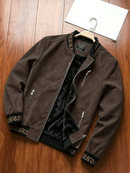Men's -Lined -Look Baseball Jacket, Vintage Herringbone Ribbed Collar Casual Baseball Coat, for Daily Outdoor Streetwear - Dark Brown