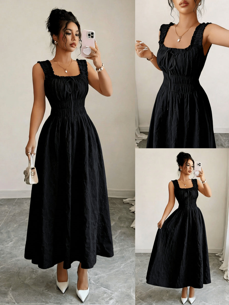 New Women's Textured Floral Fabric, Spaghetti Strap with Bow Waist Design - Elegant and Versatile Women's Dress - Elegant Party Wear, Date Night, 1pc, Buen Fin Shopping Festival, New Year's Daily Wear, Parties, Wedding Night, Stylish and Versatile - Black