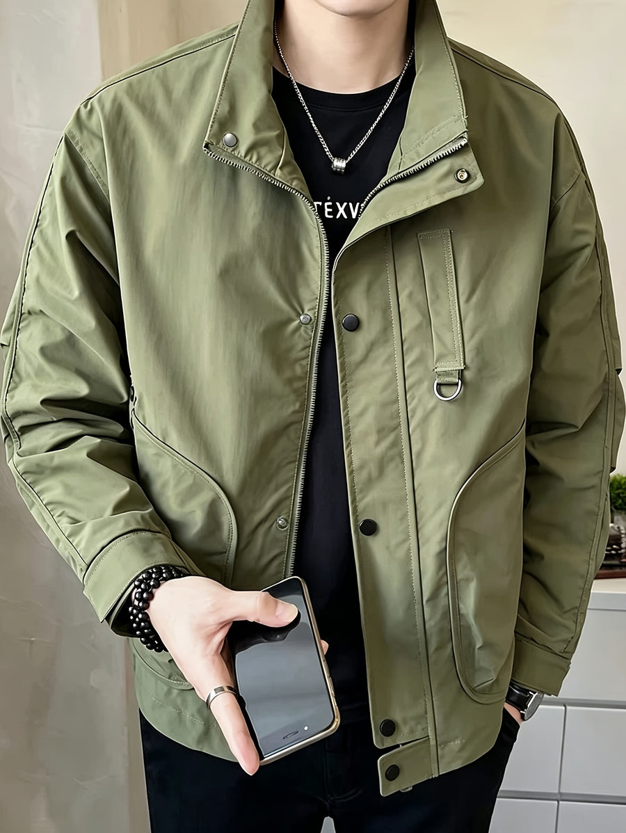 Men's Preppy Style Jacket, In-Stock for Spring/Autumn, Trendy Brand Casual Stand Collar Zipper Snap Button Design Workwear Jacket Outerwear - Green