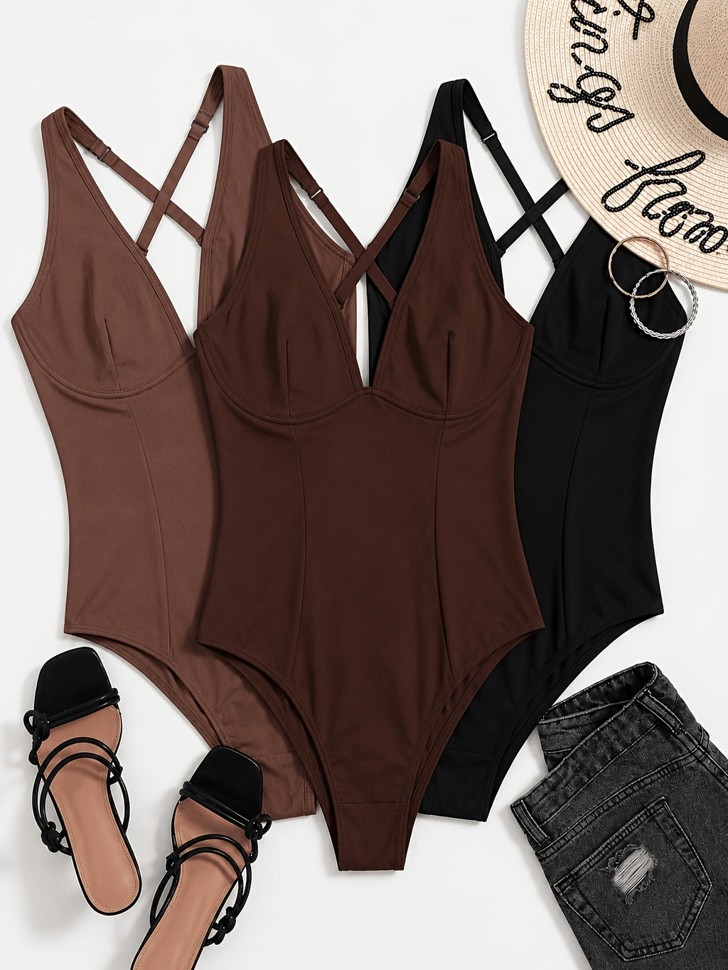 3pcs Women'S Sexy Bodysuit, Backless Criss-Cross Spaghetti Strap, Sexy And Comfortable with a Large Open Back, Soft, Breathable, And Versatile for Everyday Wear, Suitable for Layering Or Wearing Alone - Black+Cocoa Brown+Red Brown