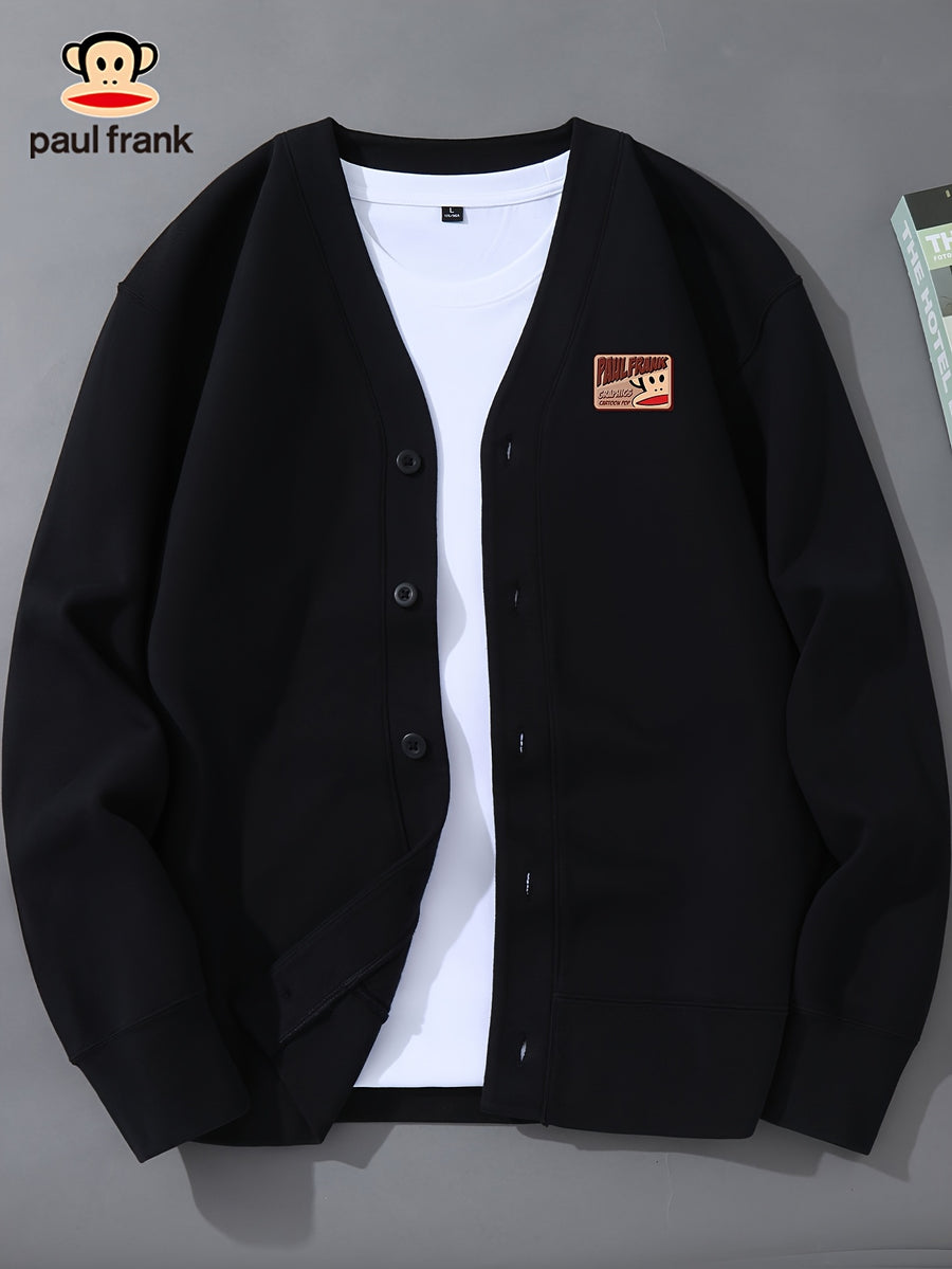 Paul Frank Men's Knit Casual Button-Up Cardigan with Slanted Monkey Logo Print - Space Black