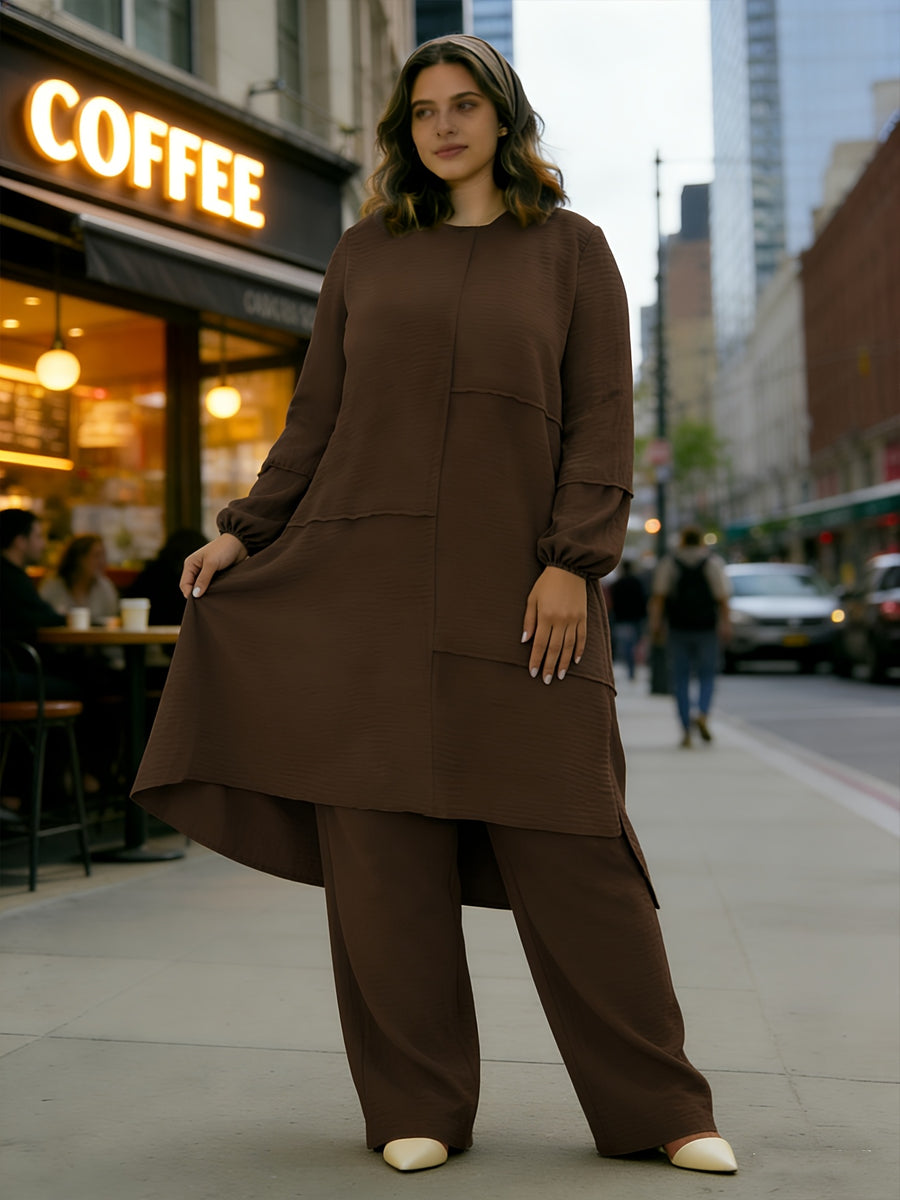 Eid Muslim 2pcs Jilbab Set | Modest Abaya with Wide Leg Pants | Traditional Daily Commute Wear - Coffee Brown