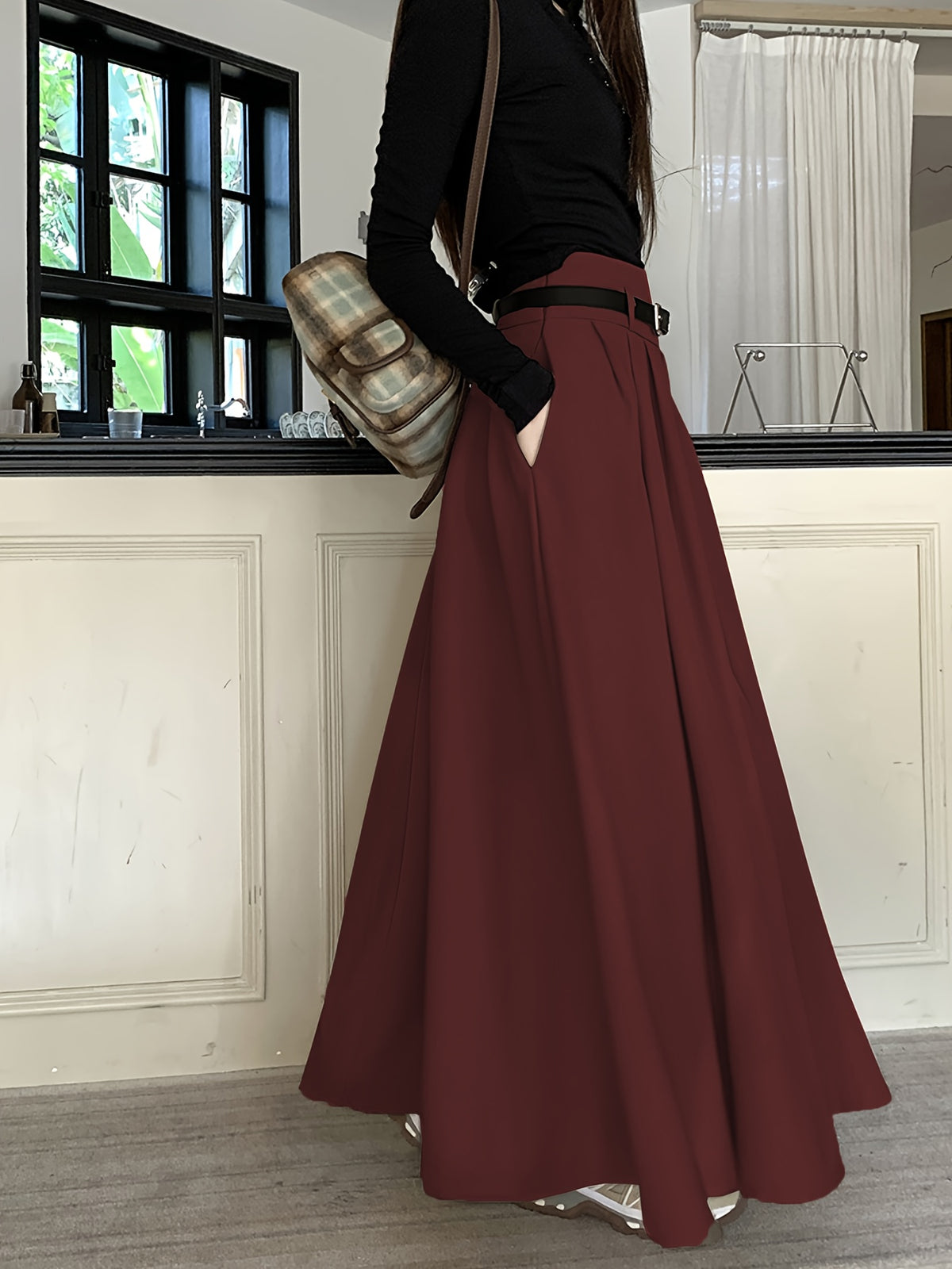 Fashionable, Elegant, and Graceful Pleated Midi/maxi Skirt for Workplace, Daily Wear, Commuting, and Office Use. Simple, Form-fitting Design Suitable for Spring and Autumn - Deep Red