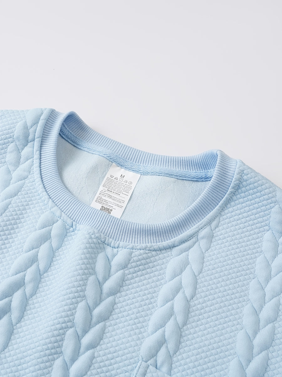 Summer Men'S Jacquard Brocade Short Sleeve T-Shirt, Solid Color Round Neck with Pocket, Loose Fit Casual Versatile Plain T-Shirt - Sky Blue