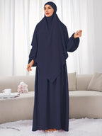 A Set (+Abaya) Fashionable And Elegant Muslim Dress, Elegant Cuff Drawstring, Comfortable And Casual Solid Color, Suitable for Outdoor Travel And Daily Wear. Loose Women'S Abaya Dress - Navy Color