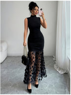 Elegant, Exquisite and Fashionable Women's Solid Color High Neck Sleeveless Fishtail Dress, Women's Bridesmaid DressSide Pleated Slim Fit Hip-hugging SilhouetteSheer Mesh with Three-dimensional Flower Decorated Hem - Black