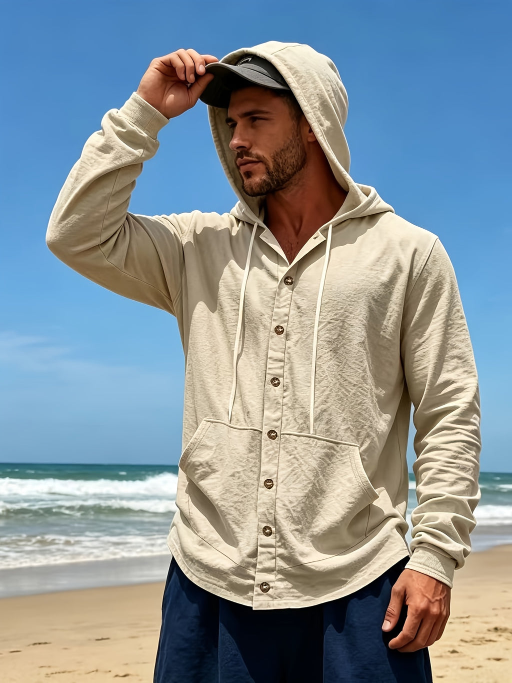 New Arrival: American Style Loose-Fit Men's Linen Casual Minimalist Trendy Hooded Long-Sleeve Shirt - Khaki