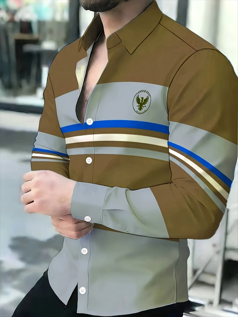 Men'S Color-Block Striped Long Sleeve Shirt, Casual Patchwork Design Fashion Men'S Top - Mixed Color 2
