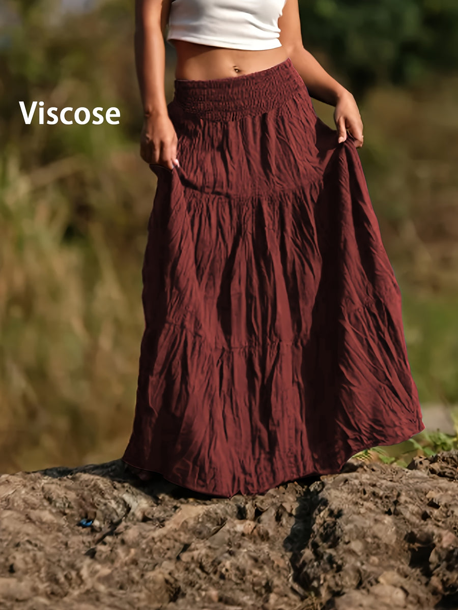 Women's Casual Western-Style Long Pleated Skirt with Drawstring Waist, Multi-Layer Texture for Vacation, Leisure, and Daily Wear - Brick Red