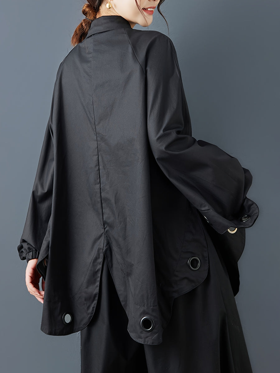 Women's Autumn Loose Fit Irregular Hem Batwing Shirt with Unique Design, Casual and Figure-Flattering Top - Black