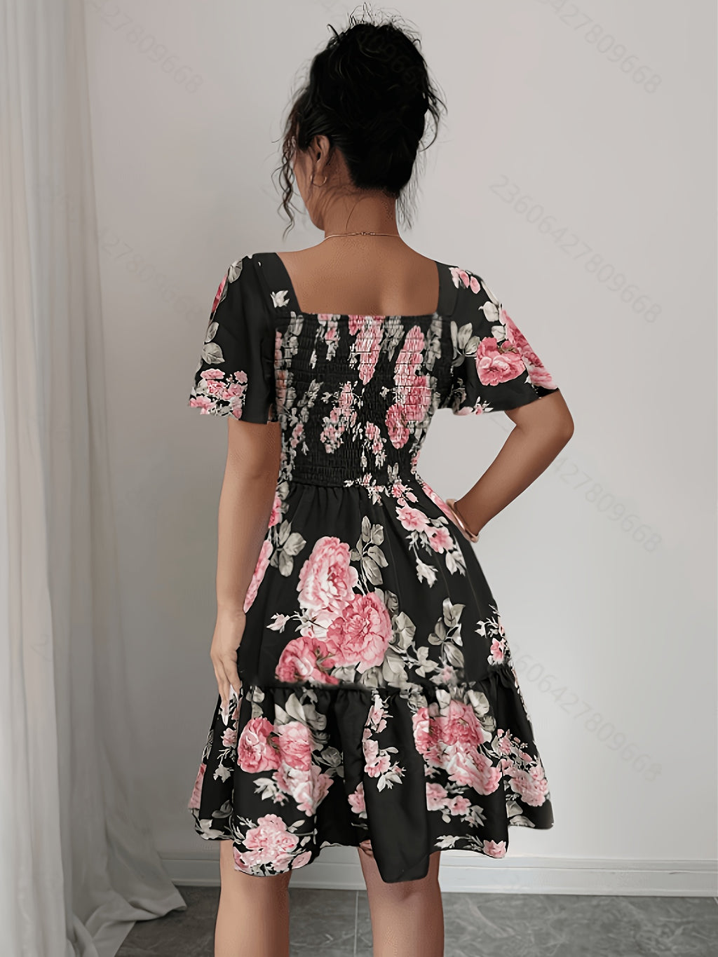 Summer Vacation Floral Print Short Dress with Waist Cinching - Black