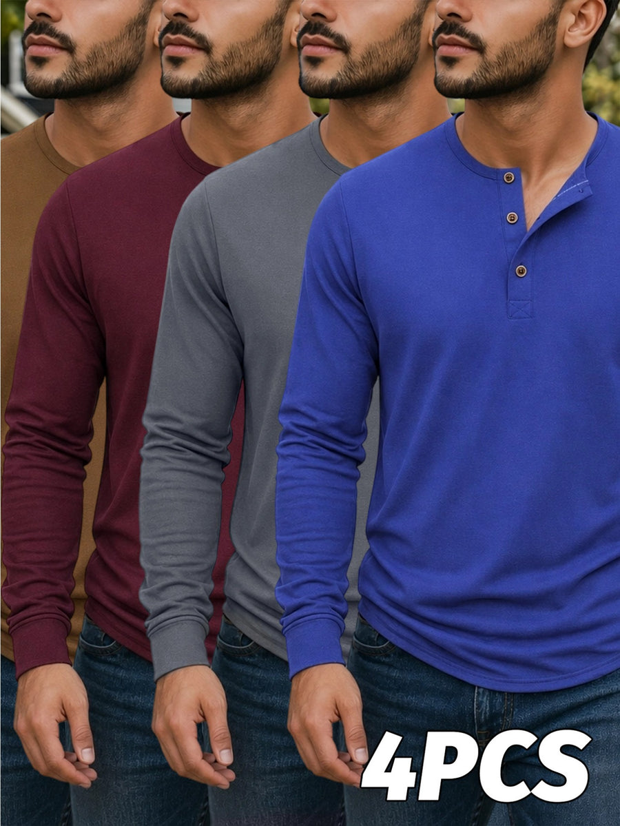 4pcs Set of Men's Spring, Autumn, and Winter Henley Neck Long-Sleeve T-Shirts, Breathable Vintage Casual Solid Color Half-Open Collar Tops, Comfortable and Versatile Base T-Shirts, Suitable for Daily Commuting, Light Business, Home, Sports - Blue + Dark Gray + Maroon + Brown