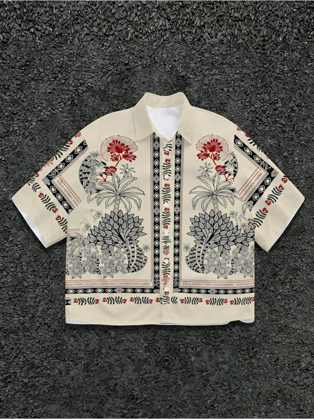 Men's Ethnic Style Tropical Plant and Geometric Border All-Over Print Short Sleeve Button- Shirt, Lapel Loose Street Style Cropped Top, Suitable for Daily Casual, Outdoor Outings, Travel Vacations, and Party Gatherings; Spring/Summer Fashion Men's - Mixed colors