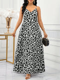 Elegant Leopard Print Slingback Dress | V-neck, Color Block, All-season, Suitable for Adults - Grey