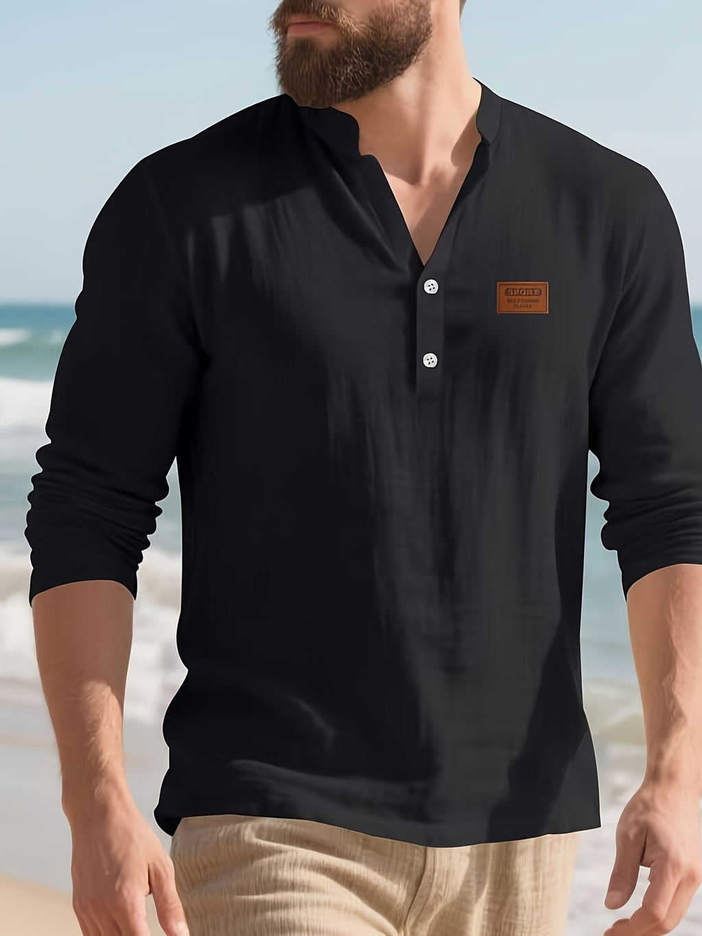 Men's American Style Linen Henley Long Sleeve T-Shirt, for Autumn, Loose Casual Breathable V-Neck Henley Top with Chest Logo Patch - Black