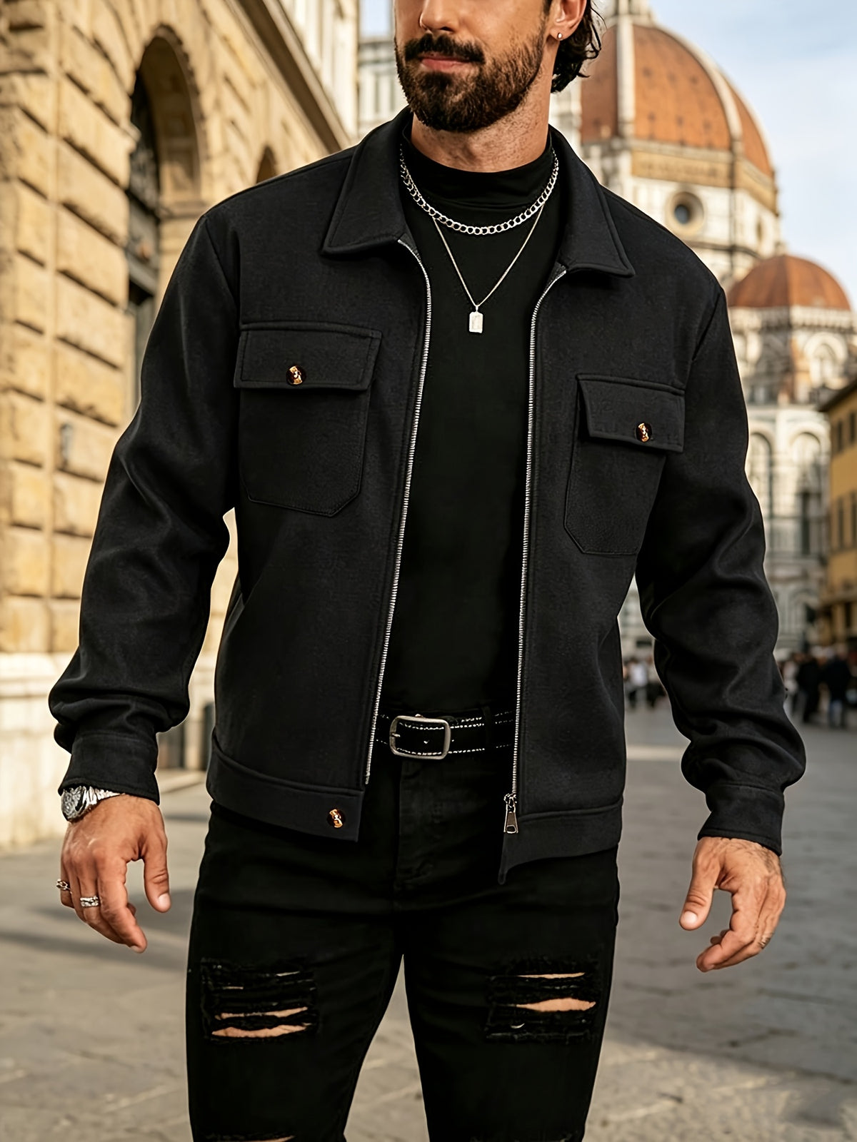 Men's Lapel Workwear Blend Jacket with Metal Zipper Pocket Accents, Casual Vintage Cropped Top - Black