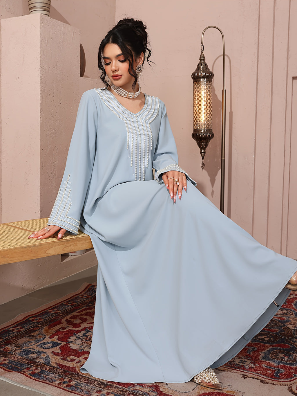 Women'S Beaded Embroidery Loose Elegant Casual Comfortable Robe - Light Blue