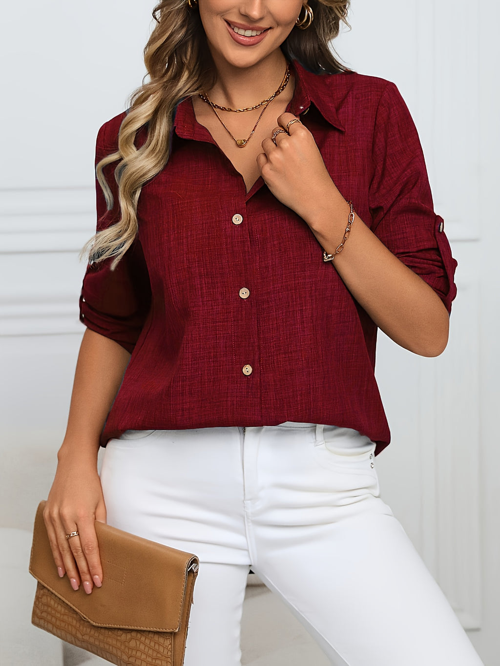 Women'S Casual Button-Up Collar Shirt - Solid Color Loose Fit Top, Women'S Blouse, Machine Washable Non-Sheer, Suitable for Spring And Autumn Wear, for Casual And Professional Attire, Fall Outfit, Classic Shirt, Quality Stitching, Office Women - Burgundy