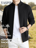Autumn Winter Men'S Solid Color High Neck Cardigan, Solid Color Striped Design, Casual Elegant Old Money Style, Heavyweight Thick Warm Cold Resistant, Suitable for Daily Casual Sports Outdoor Camping Fishing Wear, Ideal Father'S Day Gift - Black