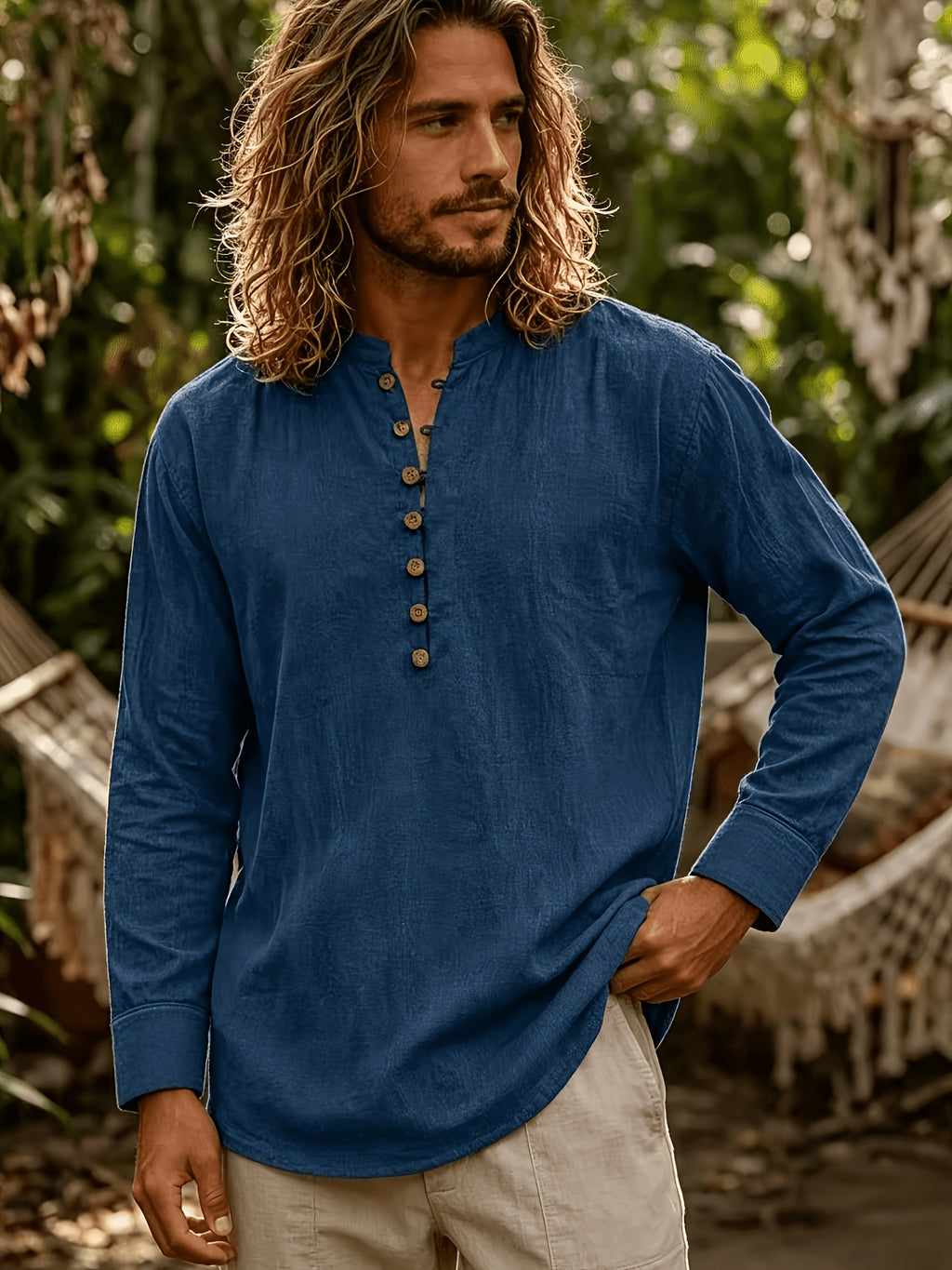 Men's Fashion And Linen Blend Breathable Comfortable Casual Stand Collar Long Sleeve All-Season Shirt, Autumn Menswear - Navy Color