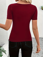 Women's Summer Shell Trim T-Shirt V-Neck Short Sleeve Fitted Sexy Top - Burgundy