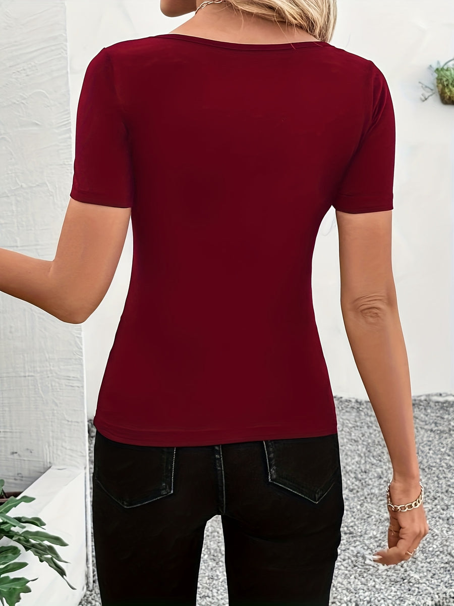 Women's Summer Shell Trim T-Shirt V-Neck Short Sleeve Fitted Sexy Top - Burgundy