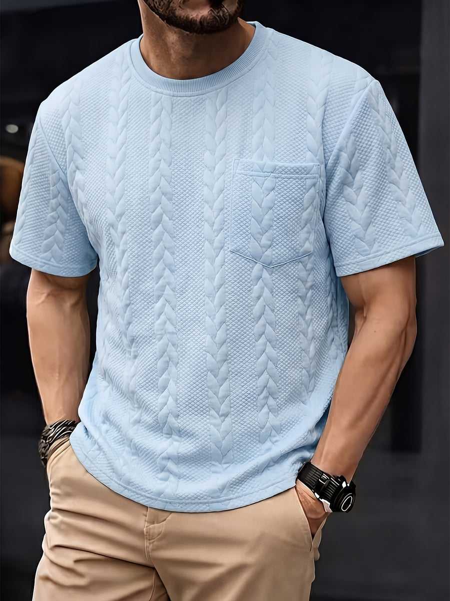 Summer Men'S Jacquard Brocade Short Sleeve T-Shirt, Solid Color Round Neck with Pocket, Loose Fit Casual Versatile Plain T-Shirt - Sky Blue
