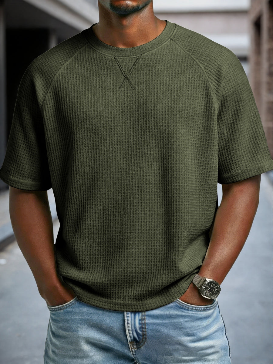 Men'S Waffle Knit T-Shirt Short Sleeve Crew Neck Casual Top, Breathable Textured Fabric Soft Lightweight Comfort Tee, Loose Fit Everyday Wear Perfect for Summer Street Style, Travel, Outdoor Activities And Daily Casual Outfit - Olive Green