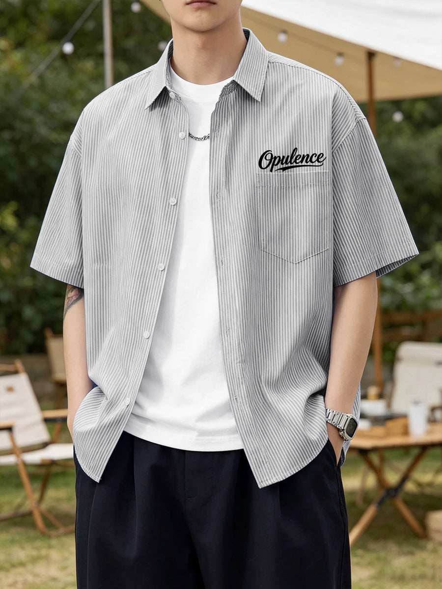 Summer Lightweight Cool and Handsome Fashionable Trendy Men's Simple Letter Print Short Sleeve Striped Loose Fit Casual Outerwear Shirt - Grey
