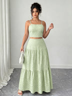 Two-Piece Embroidered Maxi Dress, Bohemian Style with Layered Ruffle Hem. Perfect for Dates, Vacations, Picnics, And Beach Outings. Comfortable And Versatile Women'S Dress - Green