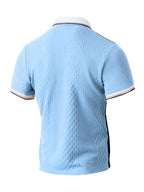 Men's Fashion New Color-Block Polo Shirt with Collar, Jacquard Design, Soft Fabric, Versatile for Outdoor Streetwear and Beach Vacation Outfits - Light Blue