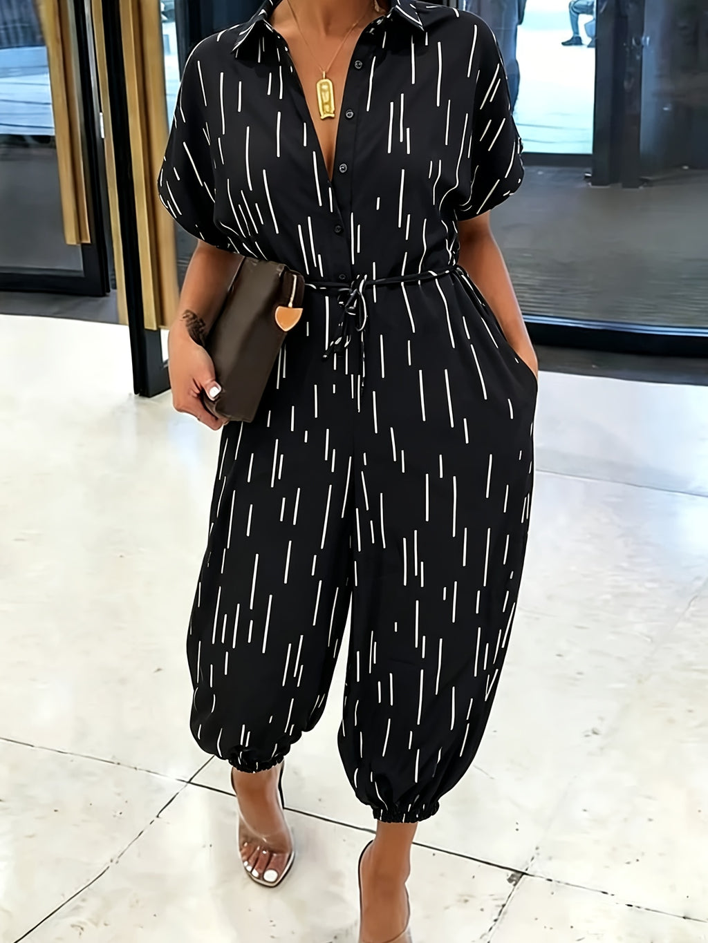 Summer Lapel Short-sleeve Printed Jumpsuit with Front Button Design, Comfortable to Wear, Elegant and Casual Overall for Women, Batwing Sleeve Design, Wide-leg Design with Front Tie, Suitable for Dates, Work, Vacations, Festivals, and Casual Wear - Black