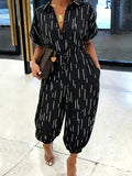 Summer Lapel Short-sleeve Printed Jumpsuit with Front Button Design, Comfortable to Wear, Elegant and Casual Overall for Women, Batwing Sleeve Design, Wide-leg Design with Front Tie, Suitable for Dates, Work, Vacations, Festivals, and Casual Wear - Black