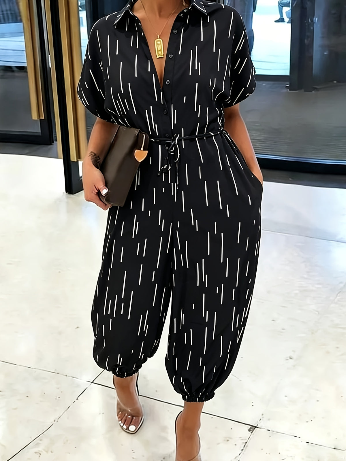 Summer Lapel Short-sleeve Printed Jumpsuit with Front Button Design, Comfortable to Wear, Elegant and Casual Overall for Women, Batwing Sleeve Design, Wide-leg Design with Front Tie, Suitable for Dates, Work, Vacations, Festivals, and Casual Wear - Black
