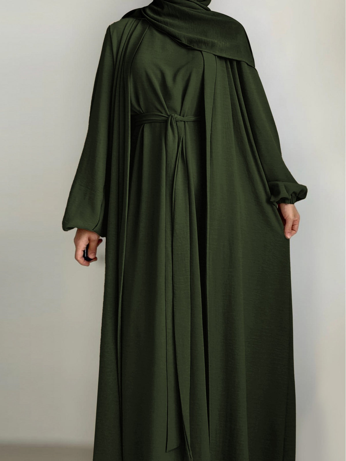New Middle Eastern Dubai 3pcs Abaya Set - Women'S Traditional Belted Waist Dress with Cardigan And for Ramadan - Olive Green