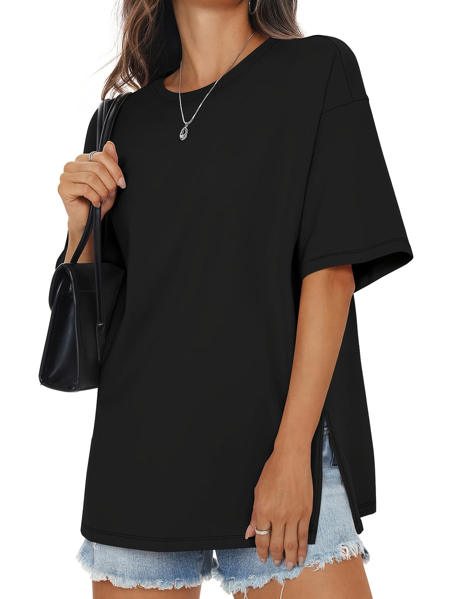 Oversized Women's Comfortable Basic Shirt with Round Neck, Casual Side Slit Top, Fashionable Loose Fit Short Sleeve T-Shirt - Black