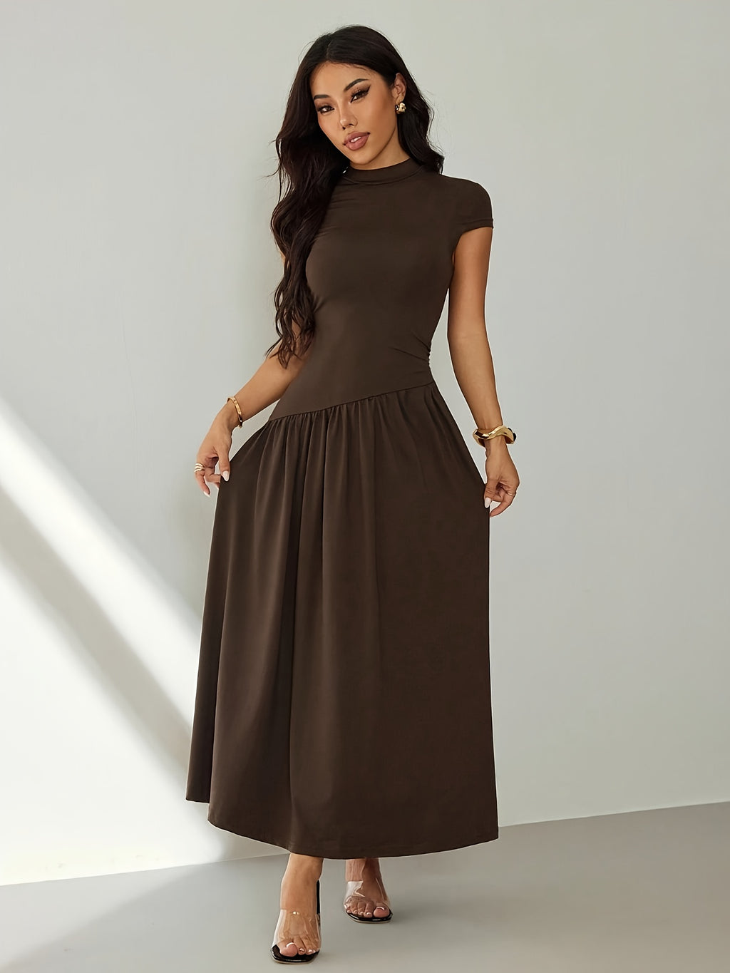 Women's Solid Color Stand Collar Puff Sleeve Pleated Long Casual Dress, Summer Dress - Coffee Brown