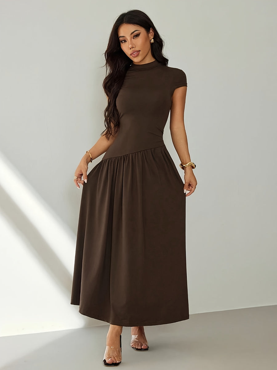 Women's Solid Color Stand Collar Puff Sleeve Pleated Long Casual Dress, Summer Dress - Coffee Brown