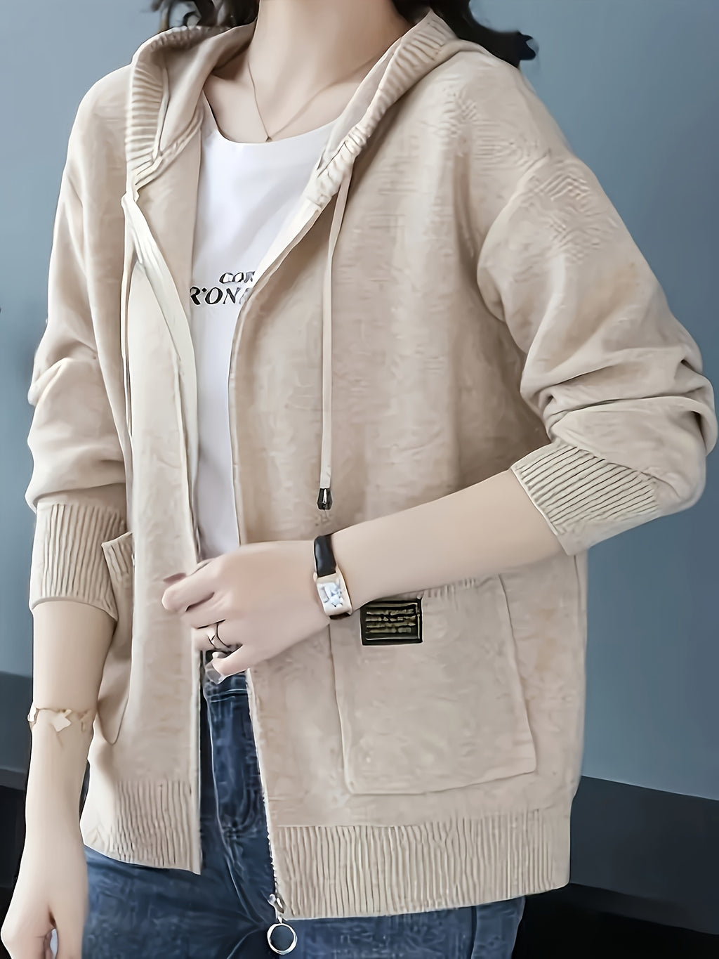 Women's Cardigan, Spring/Autumn Lazy Style Sweater Jacket, Loose Fit Outerwear Hooded Top - Apricot