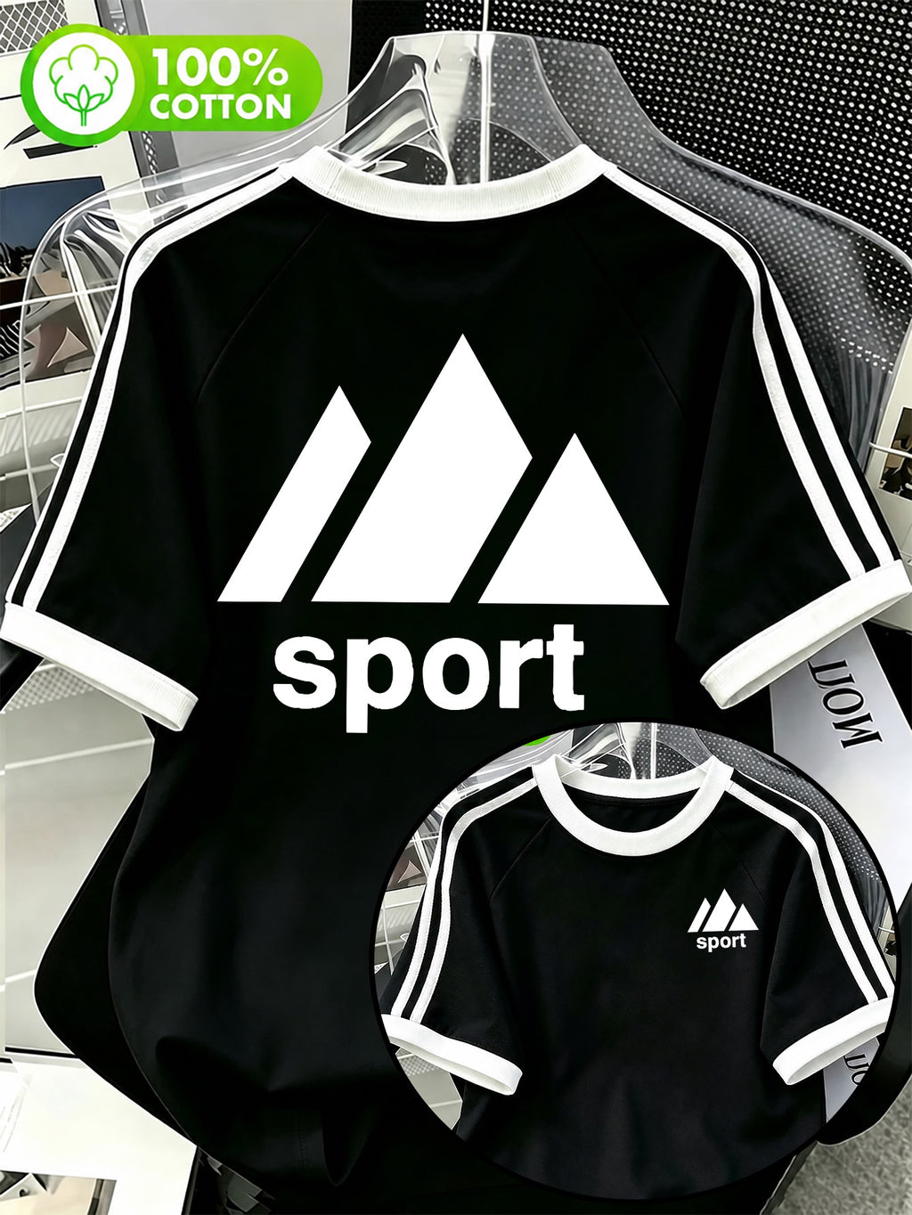 Sport Triangle Stripe Casual Short-Sleeve T-Shirt. Made from 100% Pure Cotton with a Relaxed and Comfortable Fit, Featuring Burgundy Double-stripe Contrast Cuffs. The Simple yet Elegant Sporty Visual Design Offers Soft, Skin-friendly, and Breathable - Black