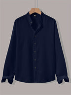 [Qiaoximei OBM] Men'S Clothing New Stand-Collar Solid Color Long Sleeve Shirt, Easy Stand-Collar Design, Spring Autumn Winter High-Quality Men'S Long Sleeve Button-Up Shirt - Suitable for Outdoor Leisure Vacation Travel Formal - Navy Color