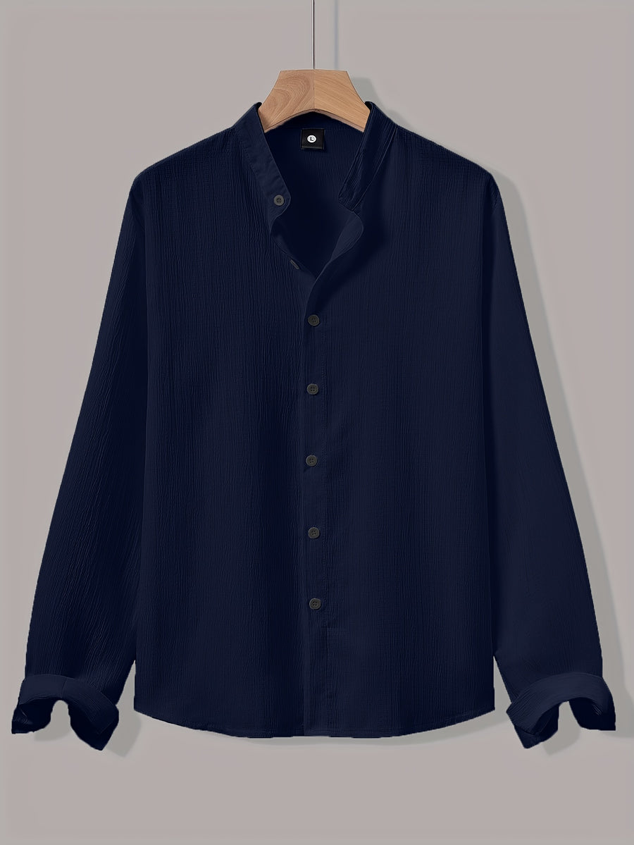 [Qiaoximei OBM] Men'S Clothing New Stand-Collar Solid Color Long Sleeve Shirt, Easy Stand-Collar Design, Spring Autumn Winter High-Quality Men'S Long Sleeve Button-Up Shirt - Suitable for Outdoor Leisure Vacation Travel Formal - Navy Color