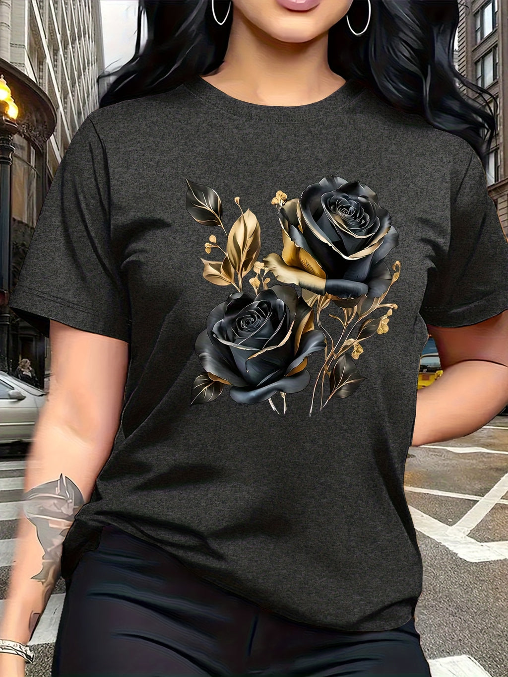 A Stylish And Breathable T-Shirt Featuring a Luxurious Vintage Design with a Black And Golden Rose Pattern, Perfect for Family Trips, Campus Events, Casual, Daily Commutes, Matching Outfits for Sisters, And Versatile Wear - Dark Gray