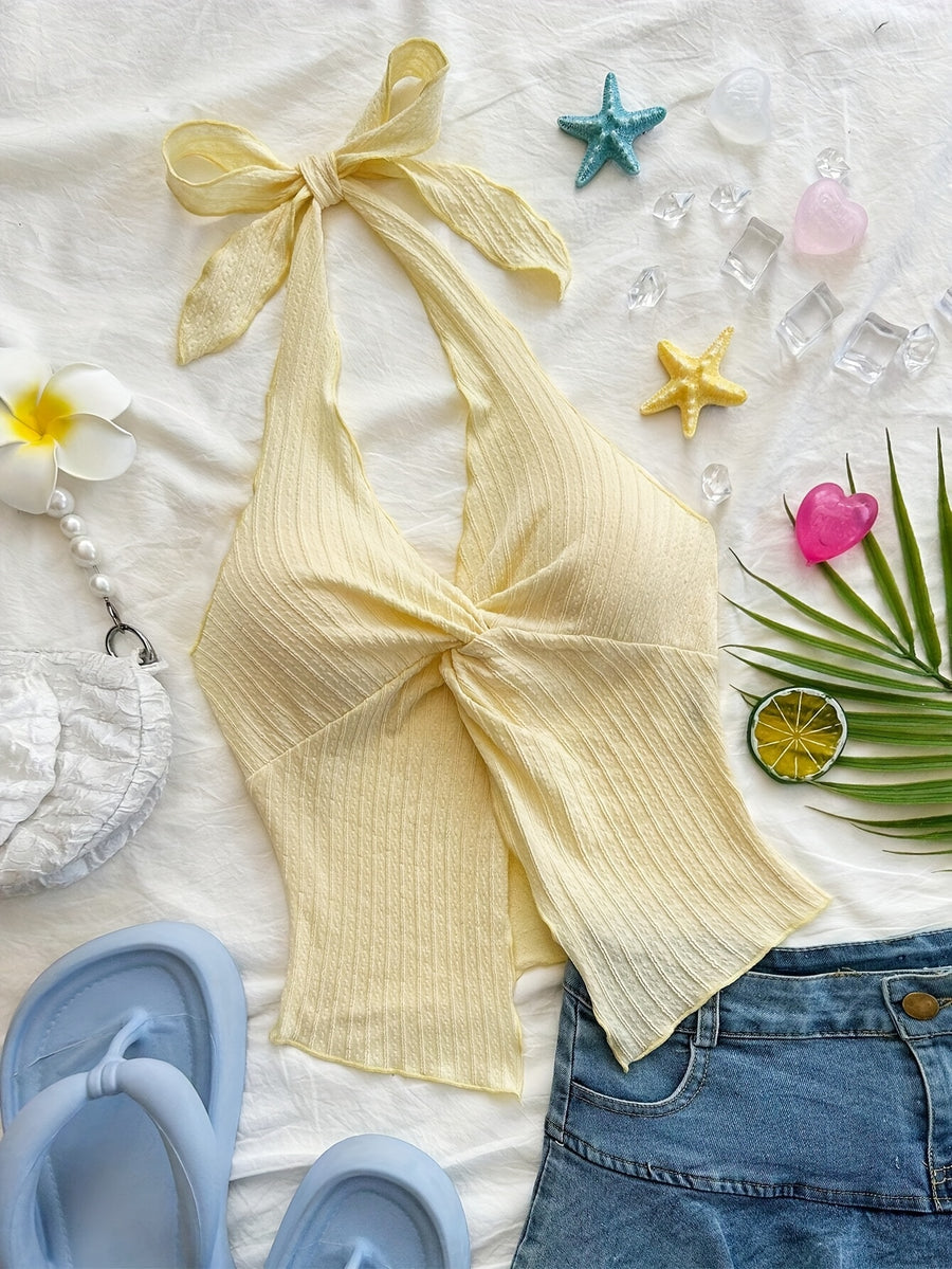 Fashionable And Sexy Sleeveless Top with a Tie, Twisted Hem, Side Slits, And an Open Back - Yellow