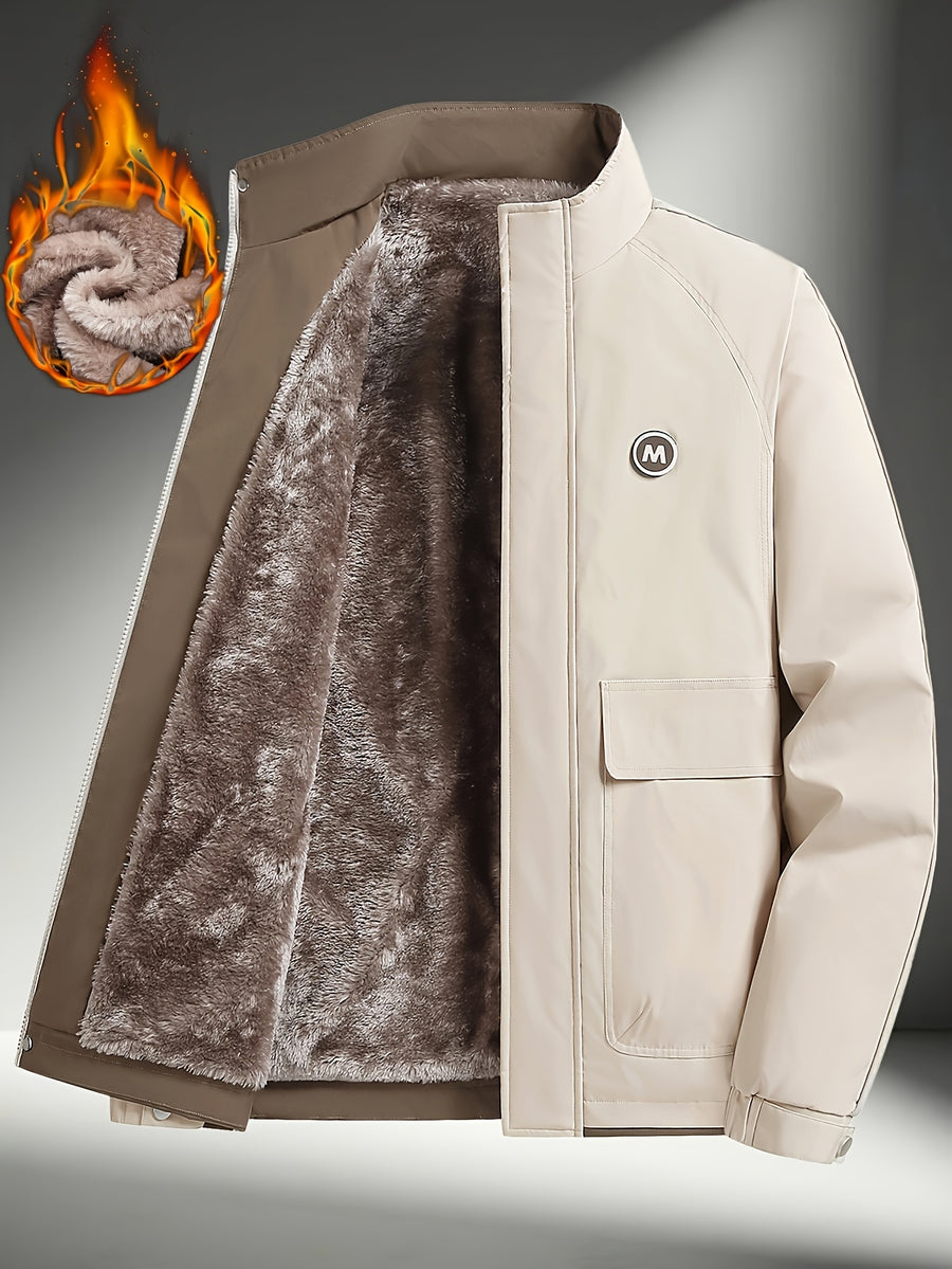 Single Pc Men'S Multi-Color Woven Cargo Jacket, Stand-Up Collar Design, M Logo Badge on Chest, Large Capacity Cargo Pockets, Fleece Lined And Thickened Long Plush Warmth, Adjustable Cuffed Sleeves, Easy Cargo Style, Winter, Fitted Fit - Khaki